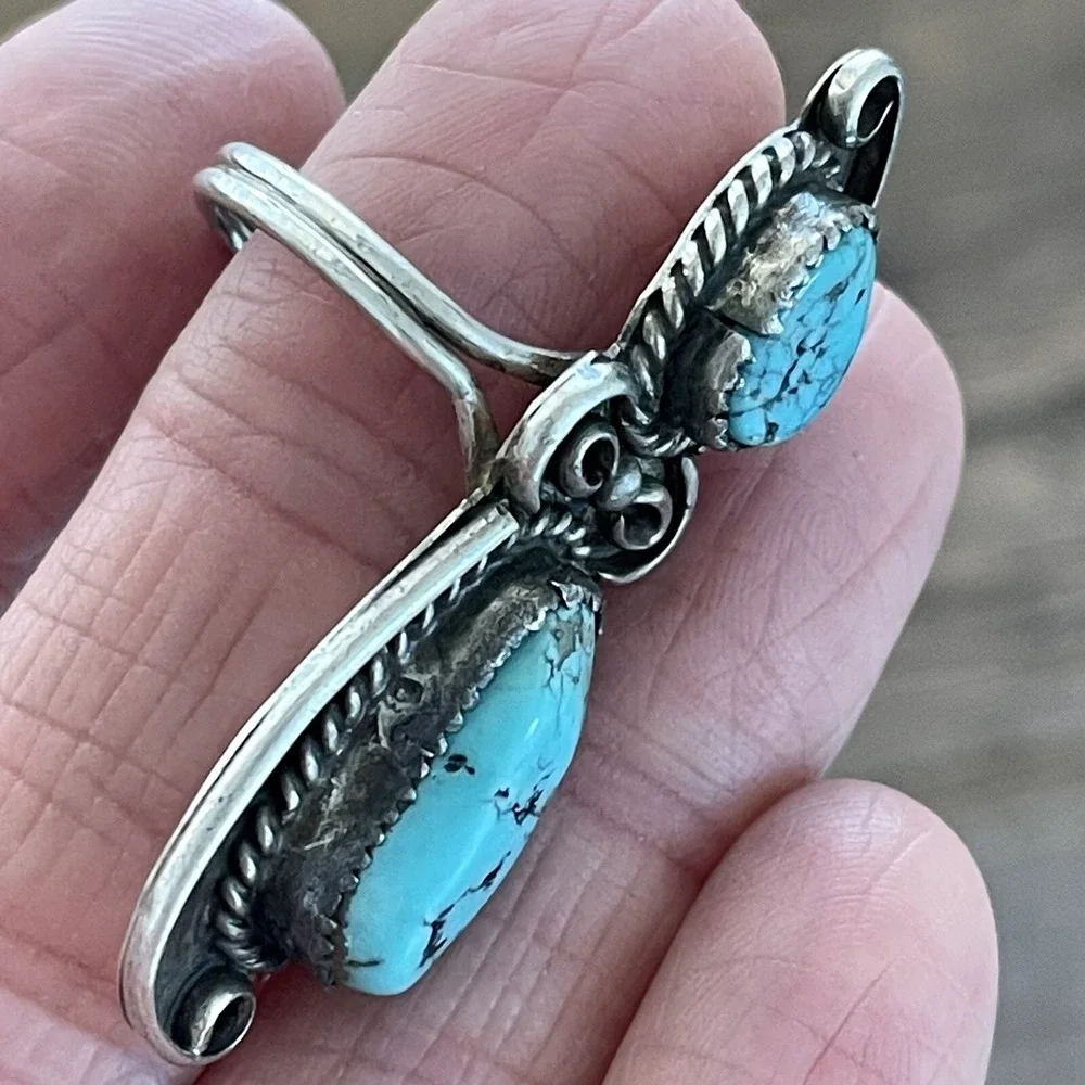 Long Navajo Nugget Turquoise Ring Sz 8 Signed Sterling‎ 8.6g VTG Mid Century 60s